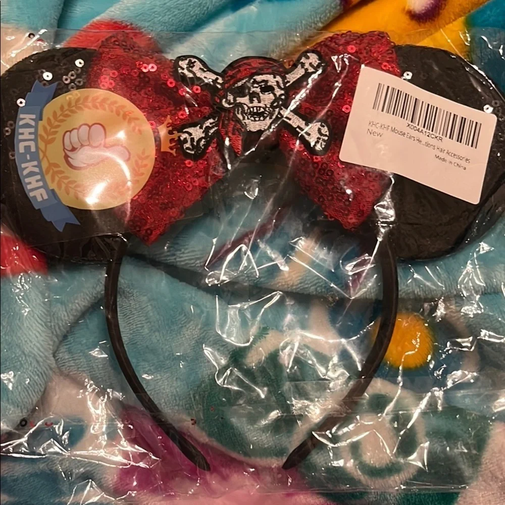 🆕 Sequin Pirate Mouse Ears Headband - Red and Black